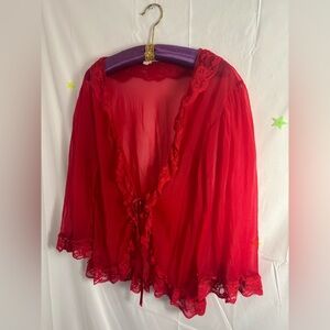 Red Semi Sheer 3/4Bell Sleeve Lace Ruffled Whimsigoth Cardigan Blouse Size 1X
